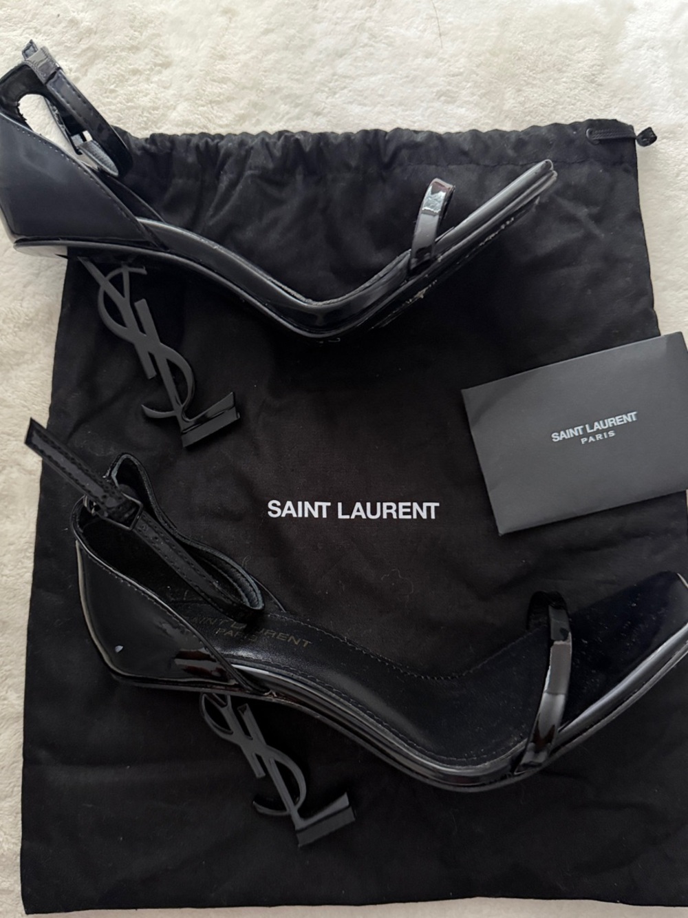 Yves Saint Laurent Black Patent Logo Heel Sandals